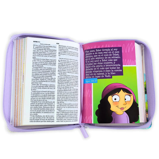 Biblia Mi Gran Viaje RVV 1960, Cierre zíper, imitación piel lila con asa