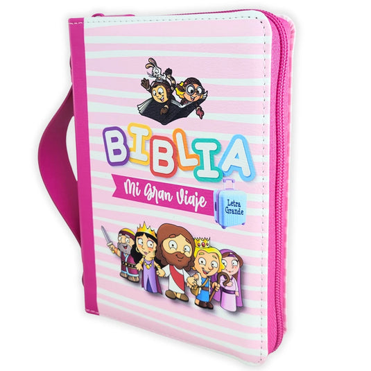 Biblia Mi Gran Viaje RVV 1960, Letra Grande, Cierre zíper, imitación piel rosa con asa