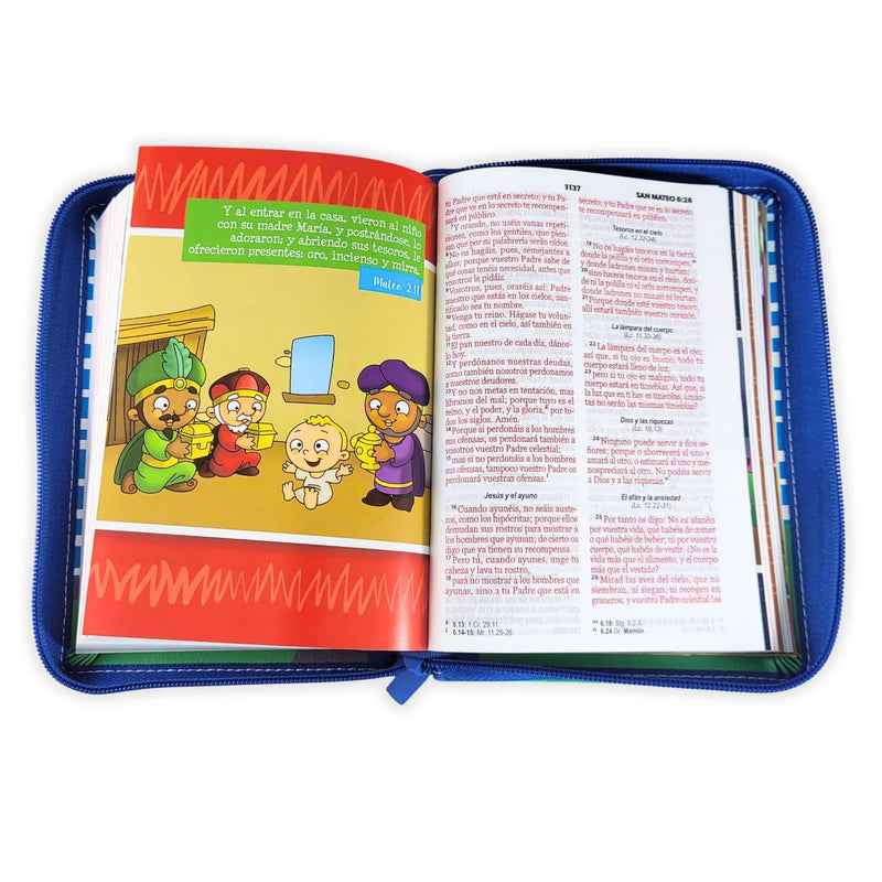 Cargue la imagen en el visor de la galería, Biblia Mi Gran Viaje RVV 1960, Letra Grande, Cierre zíper, imitación piel azul con asa
