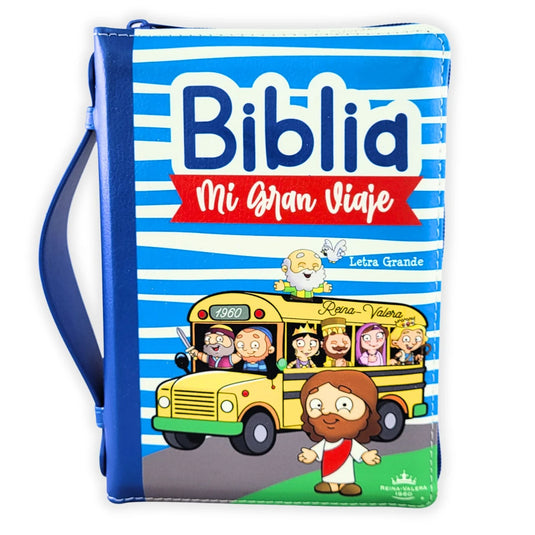 Biblia Mi Gran Viaje RVV 1960, Letra Grande, Cierre zíper, imitación piel azul con asa