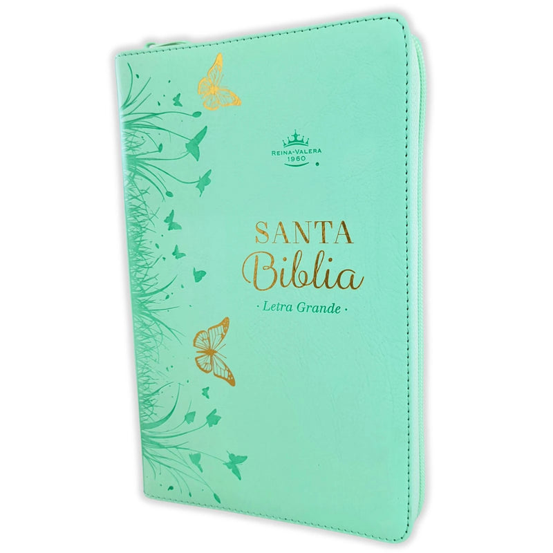 Cargue la imagen en el visor de la galería, Biblia RVR 1960, Tamaño portátil, Letra Grande, Cierre zíper, imitación piel menta mariposas
