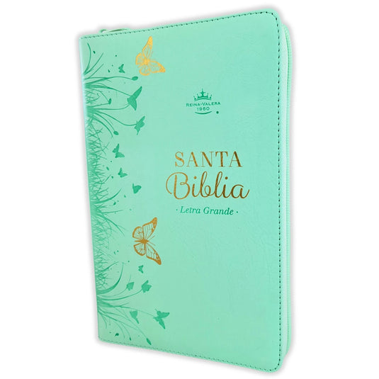 Biblia RVR 1960, Tamaño portátil, Letra Grande, Cierre zíper, imitación piel menta mariposas