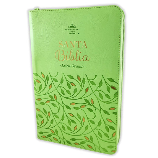 Biblia RVR 1960, Tamaño portátil, Cierre zíper, Letra Grande, imitación piel verde olivo