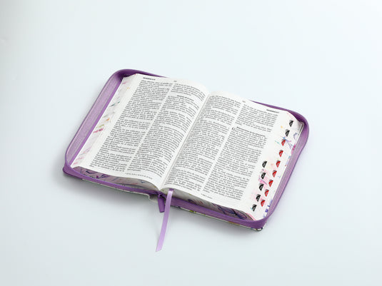 Biblia RVR 1960, Tamaño portátil, Cierre zíper, con índice, Letra Grande, imitación piel lila flores