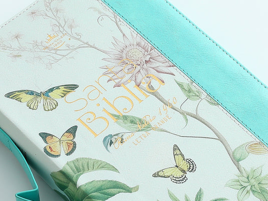 Biblia RVR 1960, Tamaño portátil, Cierre zíper, con índice, Letra Grande, imitación piel menta mariposas