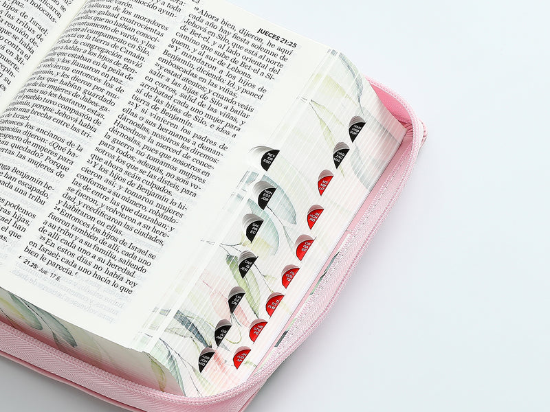 Cargue la imagen en el visor de la galería, Biblia RVR 1960, Letra Grande, Cierre zíper, con índice, imitación piel rosada flores
