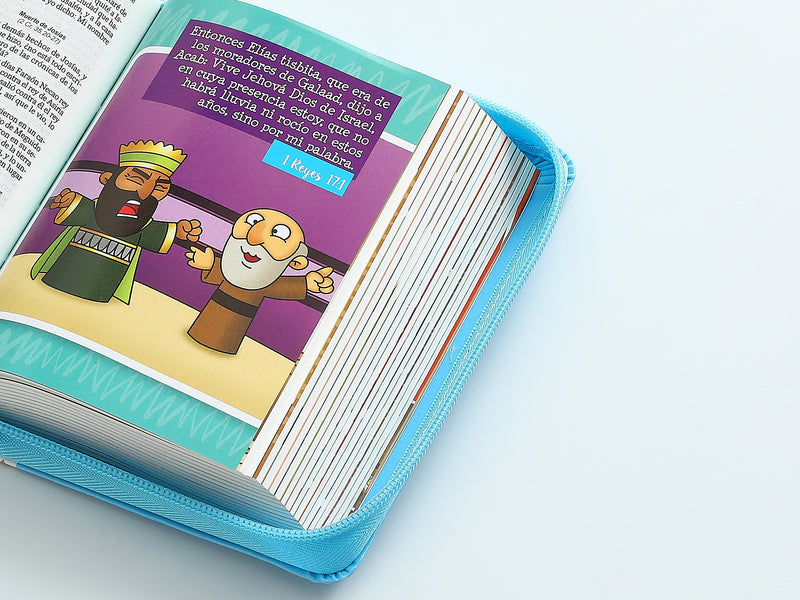 Cargue la imagen en el visor de la galería, Biblia para niños de bolsillo Mi gran viaje RVR 1960, Cierre zíper, imitación piel celeste
