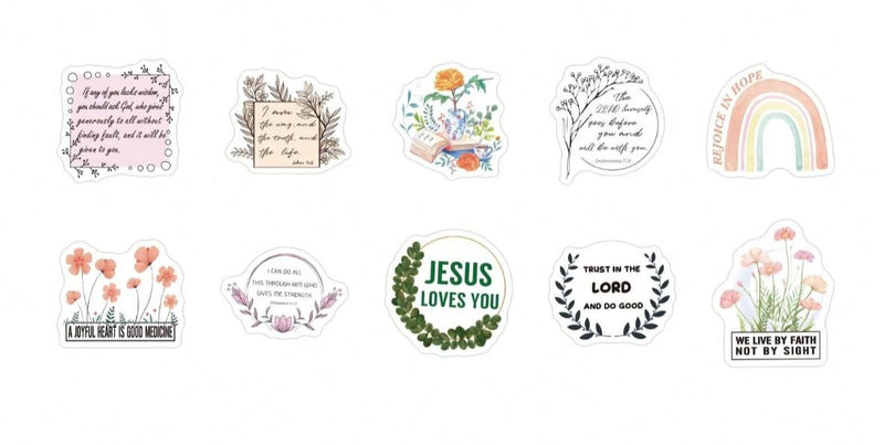 Cargue la imagen en el visor de la galería, Paquete de 10 mini stickers cristianos en inglés (Diseño variado)
