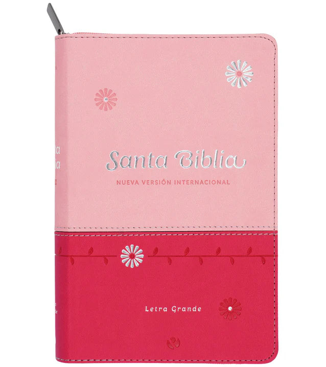 Cargue la imagen en el visor de la galería, Biblia NVI, Tamaño Manual, Letra Grande, Cierre zíper, imitación piel fucsia con rosado
