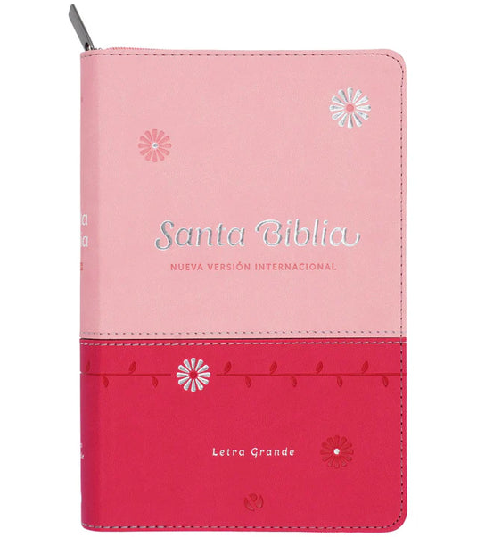Biblia NVI, Tamaño Manual, Letra Grande, Cierre zíper, imitación piel fucsia con rosado