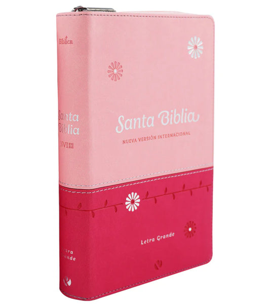 Biblia NVI, Tamaño Manual, Letra Grande, Cierre zíper, imitación piel fucsia con rosado