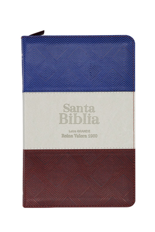 Biblia RVR 1960, Letra Grande, Cierre zíper, con índice, imitación piel azul, gris, café