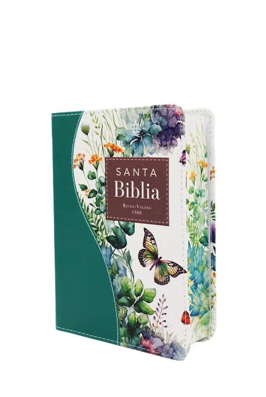 Biblia de Bolsillo RVR 1960, imitación piel verde flores y mariposas
