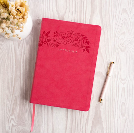 Biblia RVR 1960, Letra Súper Gigante, símil piel fucsia floral
