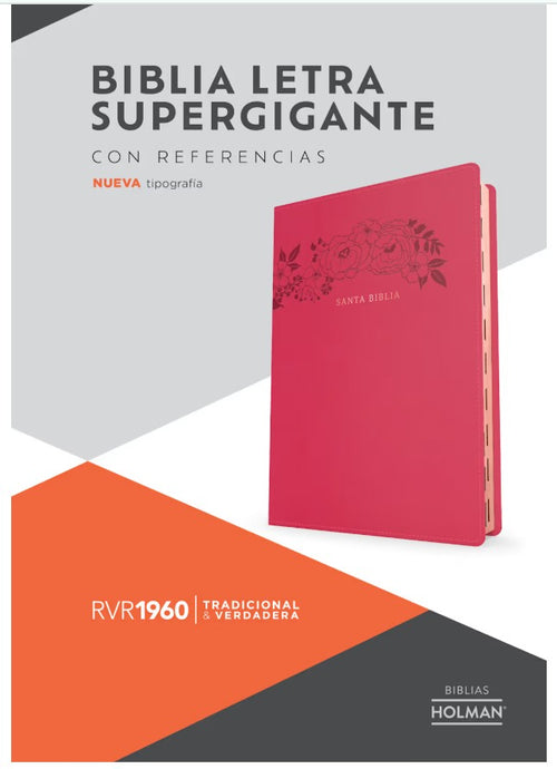 Biblia RVR 1960, Letra Súper Gigante, con índice, símil piel fucsia floral