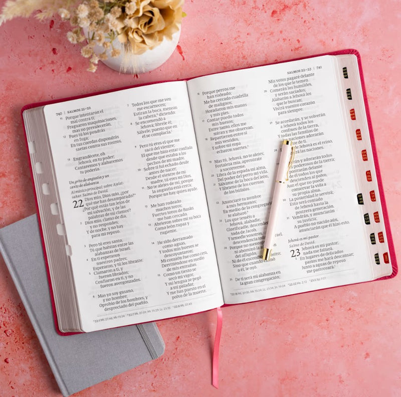 Cargue la imagen en el visor de la galería, Biblia RVR 1960, Letra Súper Gigante, con índice, símil piel fucsia floral

