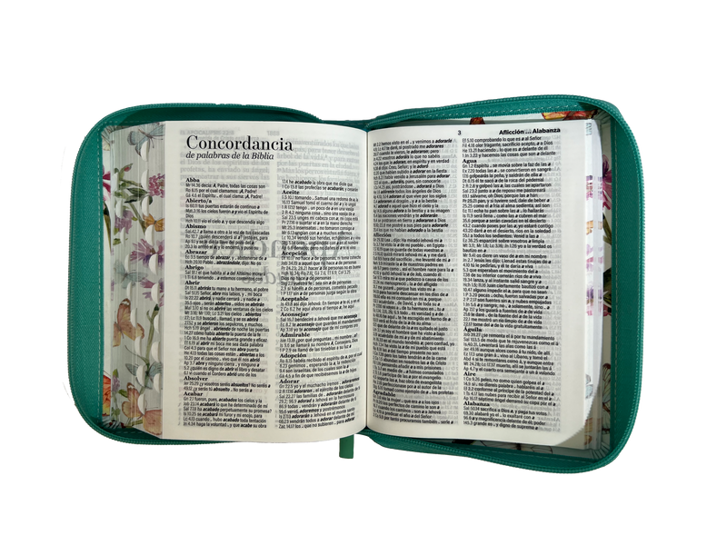 Cargue la imagen en el visor de la galería, Biblia RVR 1960, Tamaño portátil, Cierre zíper, con índice, Letra Grande, imitación piel turquesa mariposas
