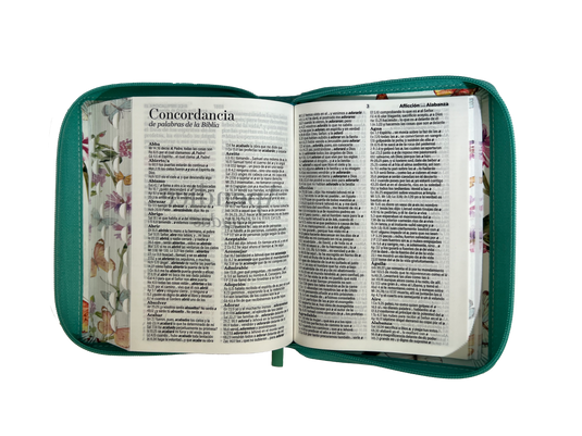 Biblia RVR 1960, Tamaño portátil, Cierre zíper, con índice, Letra Grande, imitación piel turquesa mariposas