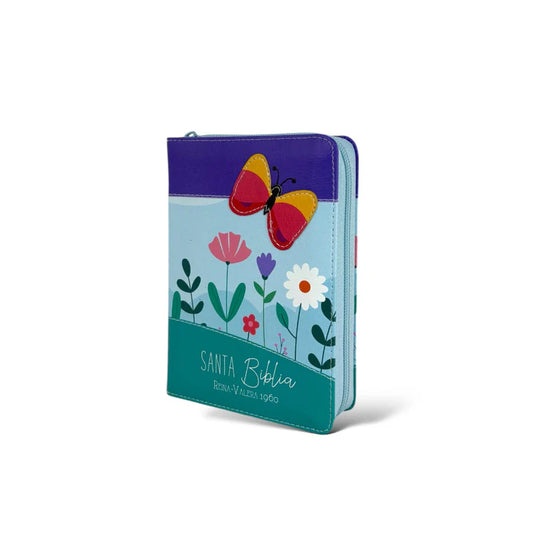 Biblia de Bolsillo RVR 1960, Cierre zíper, imitación piel lila/azul/turquesa mariposa