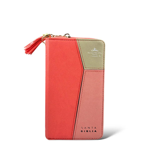 Biblia RVR 1960, Cierre zíper, con índice, símil piel coral con beige- Tipo chequera