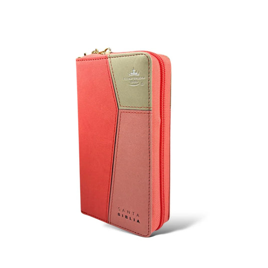 Biblia RVR 1960, Cierre zíper, con índice, símil piel coral con beige- Tipo chequera