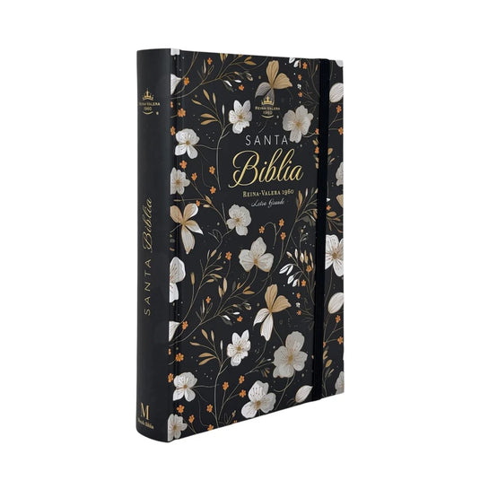 Biblia RVR 1960, Tamaño Manual, Letra Grande, tapa dura con elástico negra flores