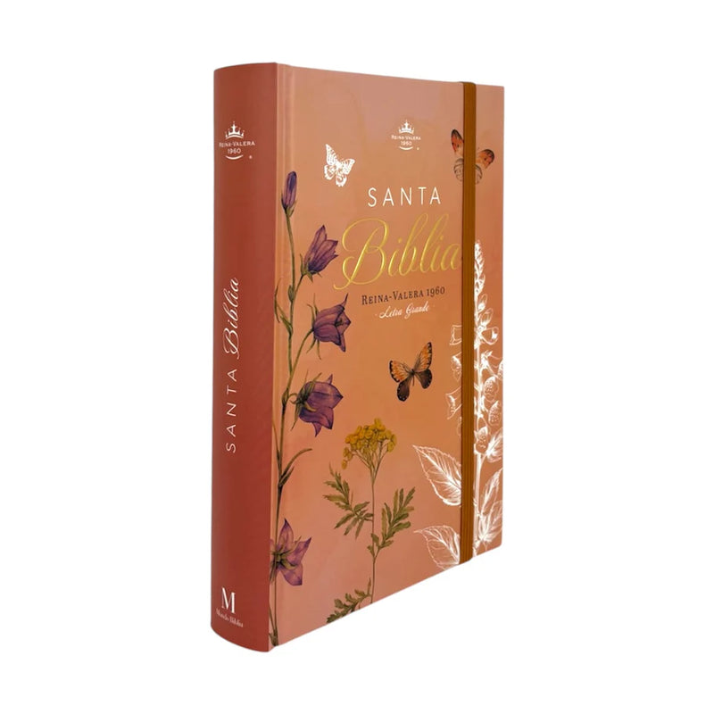 Cargue la imagen en el visor de la galería, Biblia RVR 1960, Tamaño Manual, Letra Grande, tapa dura con elástico coral mariposas
