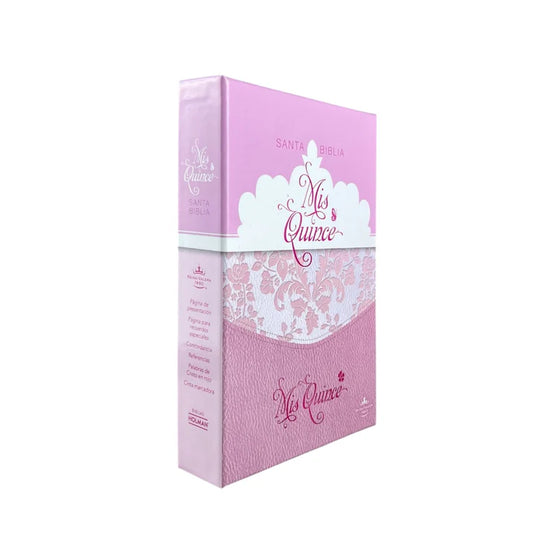 Biblia Mis Quince RVR 1960, imitación piel rosa floreado