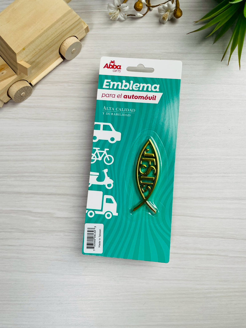 Cargue la imagen en el visor de la galería, Emblema de 8 cm para auto Icthus con Jesús dorado
