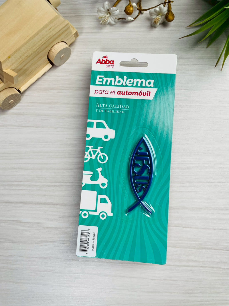 Cargue la imagen en el visor de la galería, Emblema de 8 cm para auto Icthus con Jesús azul
