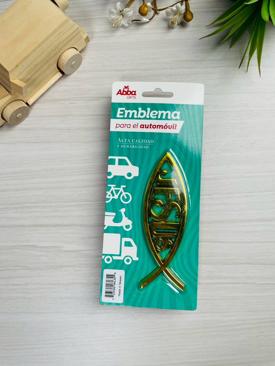Emblema de 13 cm para auto Icthus con Jesús dorado