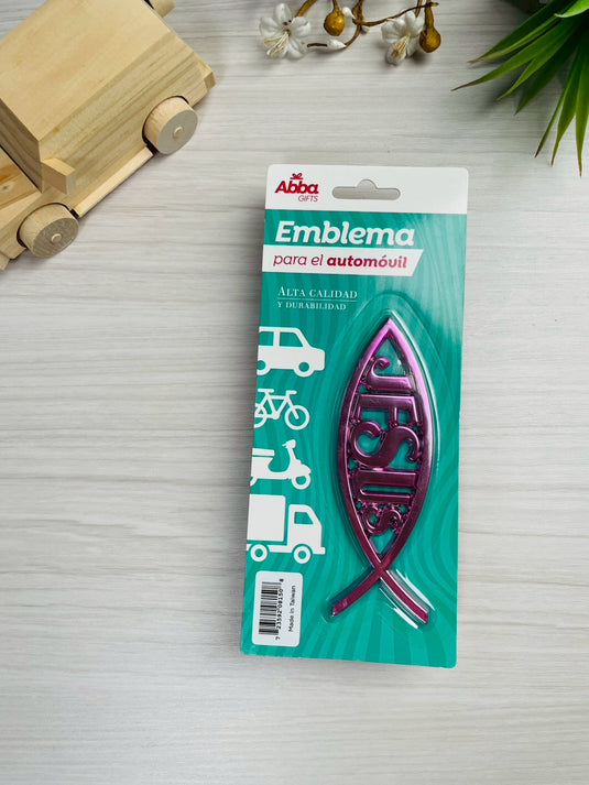 Emblema de 13 cm para auto Icthus con Jesús rosa