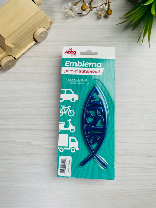 Emblema de 13 cm para auto Icthus con Jesús azul