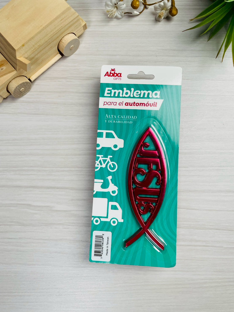 Cargue la imagen en el visor de la galería, Emblema de 13 cm para auto Icthus con Jesús rojo
