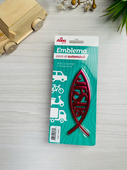 Emblema de 13 cm para auto Icthus con Jesús rojo