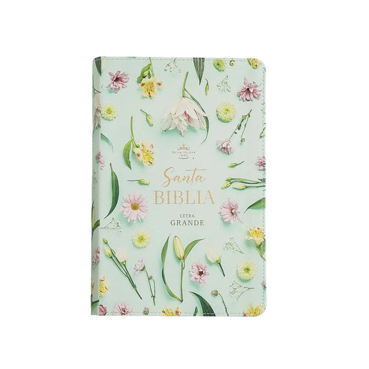 Biblia RVR 1960, Tamaño Manual, Letra Grande, con índice, imitación piel celeste flores