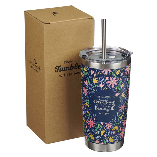 Vaso térmico de acero inoxidable con pajilla "Everything Beautiful" – Eclesiastés 3:11