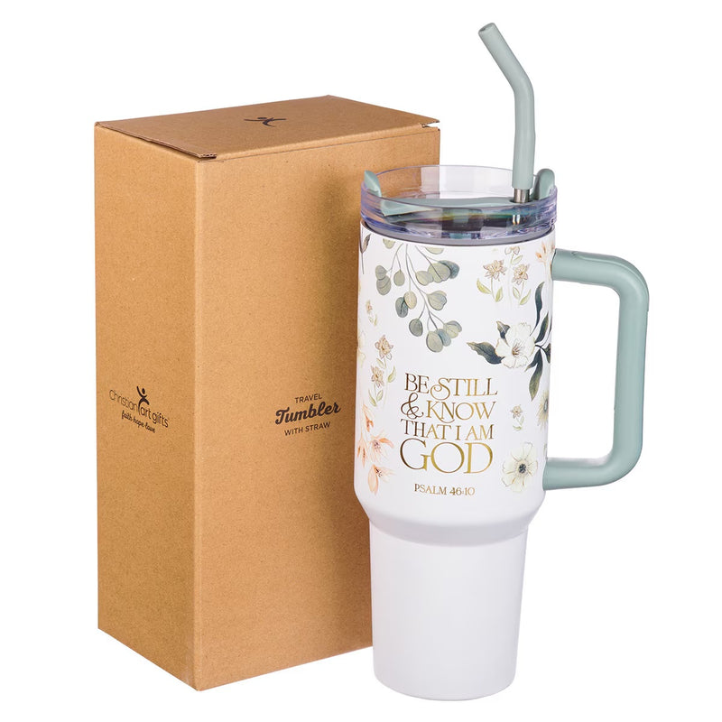 Cargue la imagen en el visor de la galería, Vaso térmico de acero inoxidable con pajilla "Be Still " - Salmo 46:10
