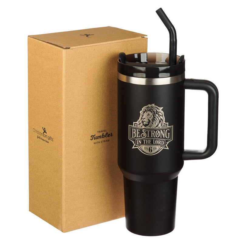 Cargue la imagen en el visor de la galería, Vaso térmico de acero inoxidable con pajilla "Be Strong" – Efesios 6:10
