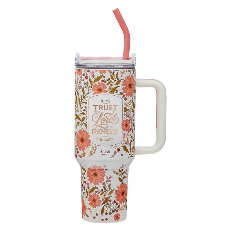 Cargue la imagen en el visor de la galería, Vaso térmico de acero inoxidable con pajilla "Those Who Trust in the Lord" – Isaías 40:31
