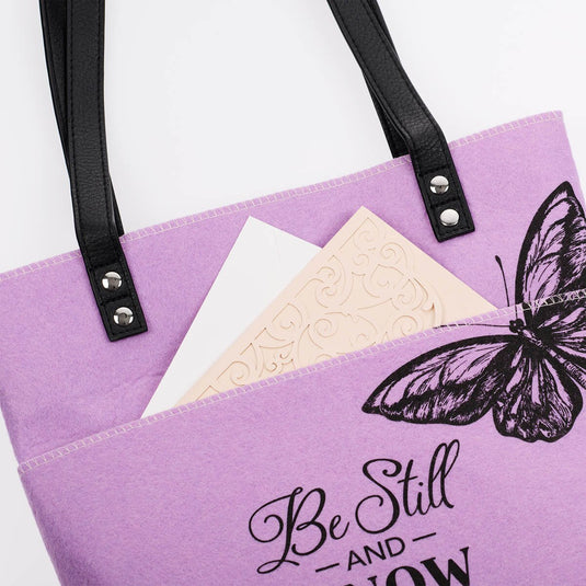 Bolso Tote "Be Still and Know" – Salmo 46:10, lavanda mariposas