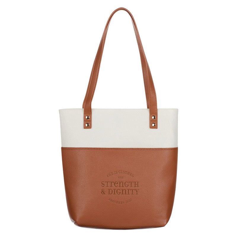 Cargue la imagen en el visor de la galería, Bolso Tote "Strength &amp; Dignity" – Proverbios 31:25, café
