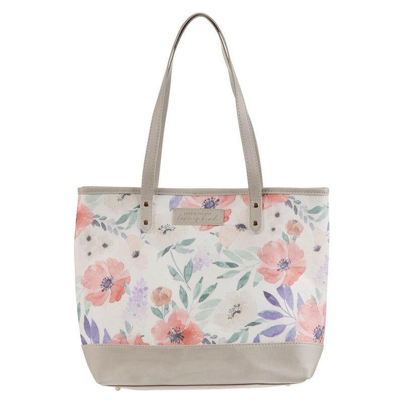 Cargue la imagen en el visor de la galería, Bolso Tote "Love Is Patient, Love Is Kind" – 1 Corintios 13:4, floral
