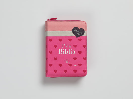 Biblia de Bolsillo RVR 1960, Cierre zíper, imitación piel tonos rosados con Corazones