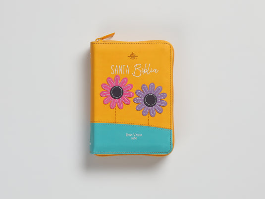 Biblia de Bolsillo RVR 1960, Cierre zíper, imitación piel amarilla/turquesa con flores