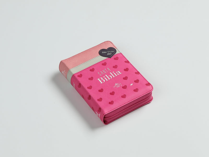 Cargue la imagen en el visor de la galería, Biblia de Bolsillo RVR 1960, Cierre zíper, imitación piel tonos rosados con Corazones
