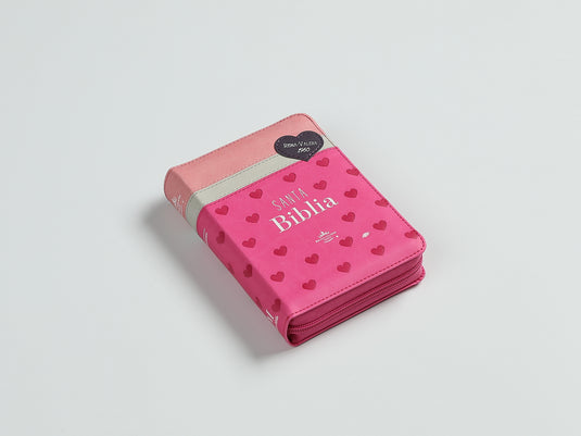 Biblia de Bolsillo RVR 1960, Cierre zíper, imitación piel tonos rosados con Corazones