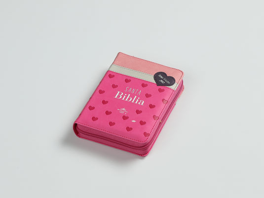 Biblia de Bolsillo RVR 1960, Cierre zíper, imitación piel tonos rosados con Corazones