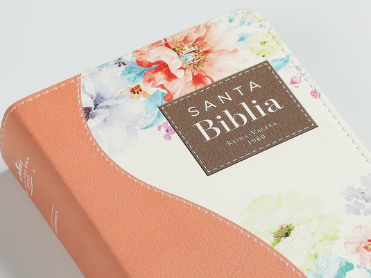 Biblia de Bolsillo RVR 1960, imitación piel naranja flores