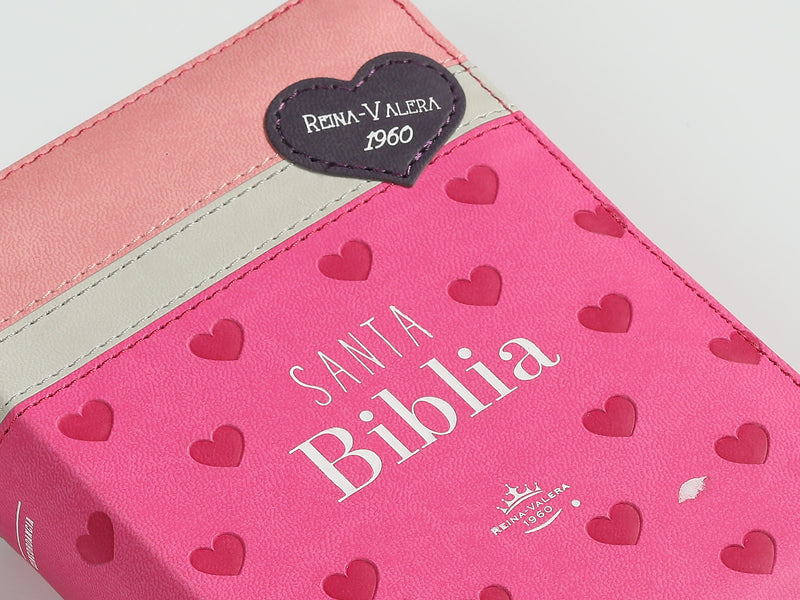 Cargue la imagen en el visor de la galería, Biblia de Bolsillo RVR 1960, Cierre zíper, imitación piel tonos rosados con Corazones

